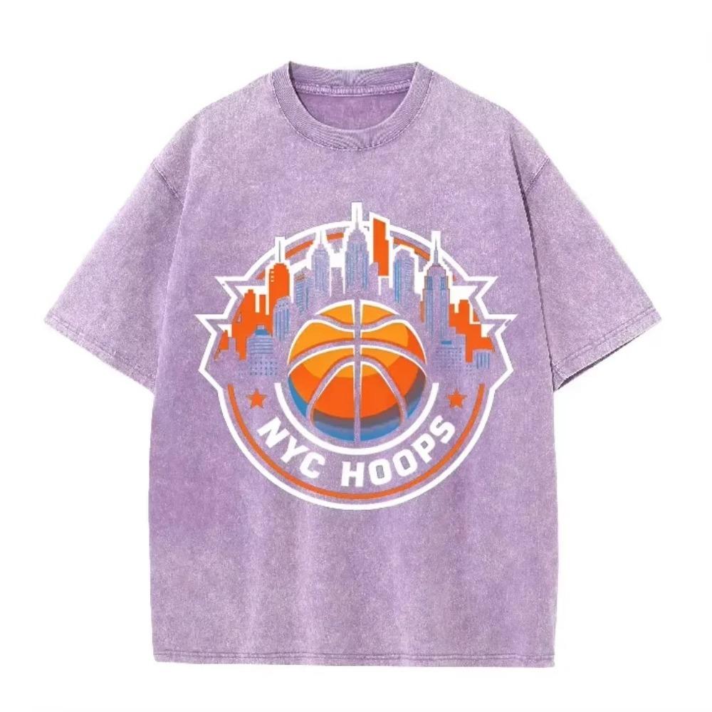 Vintage Washed Green Tshirt NYC Hoops New York Basketball Skyline Print Loose Short Sleeve Sports Casual