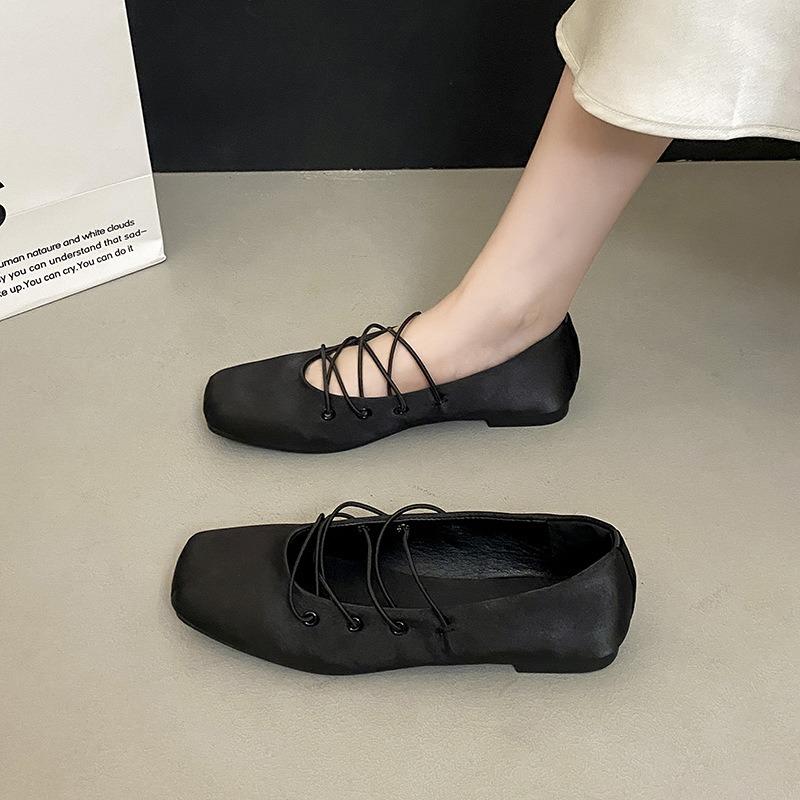 Blue satin retro square head cross strap Mary Jane shoes summer new flat bottom shallow mouth single shoes women