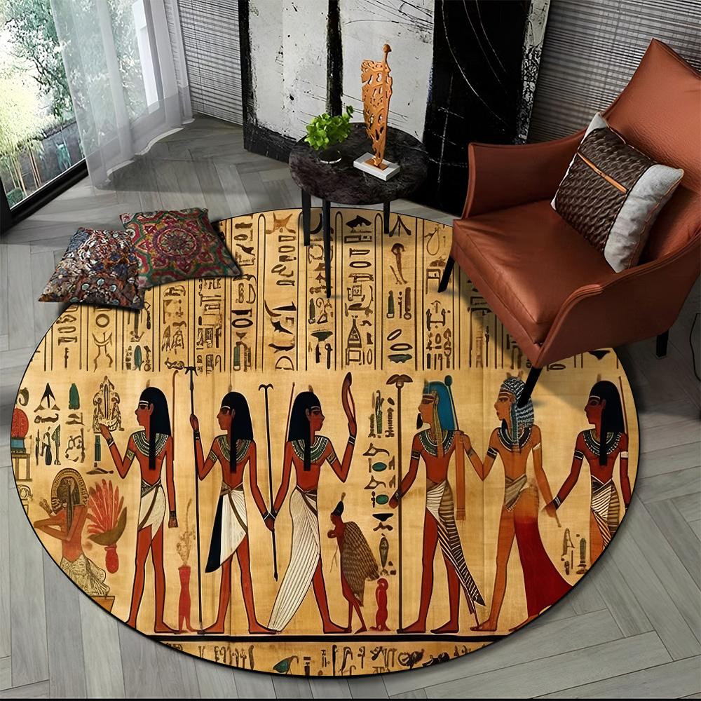 2025 New Ancient Egypt Hieroglyphic Mythology Wall Painting Glyph Round Carpet Rug for Bedroom Living Room Sofa,Decor Floor Mat