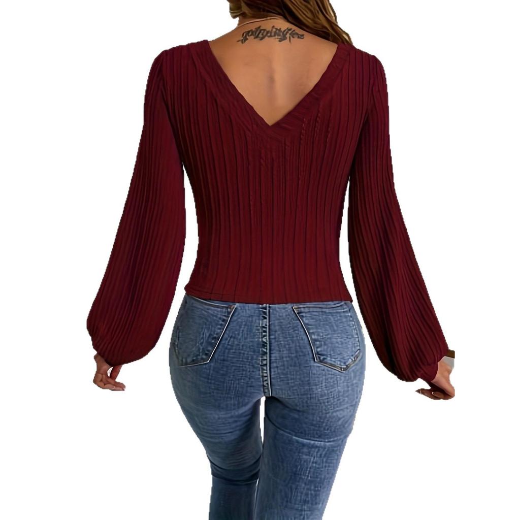 2025 Autumn/Winter Women's Solid Color V-Neck Ribbed Puff Sleeve Top