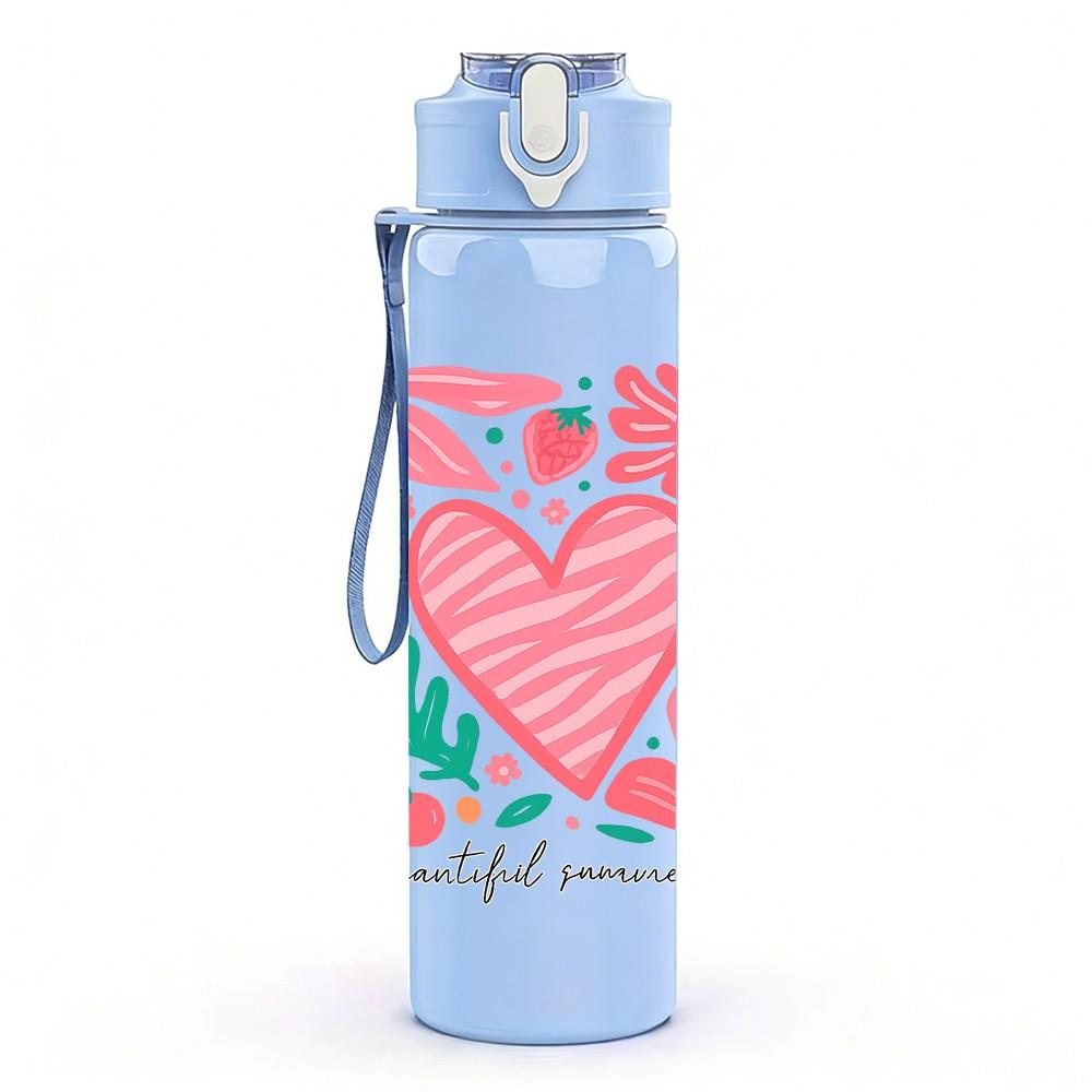 1PC Pink Floral Heart Frame 750ml Color Plastic Sports Water Bottle Leakproof Flip Straw Lid Suitable for Sports Office Home Use