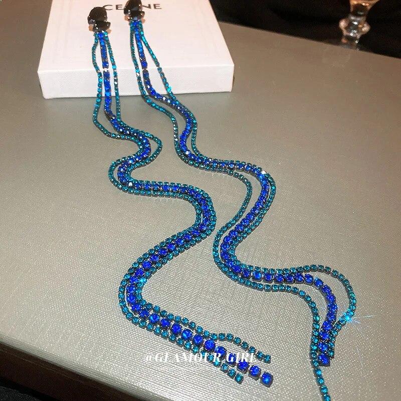 Exaggerated Blue Rhinestone Zircon Women's Earrings Long Chain Tassel Alphabet Triangle Shaped Earring Luxury Wedding Jewelry