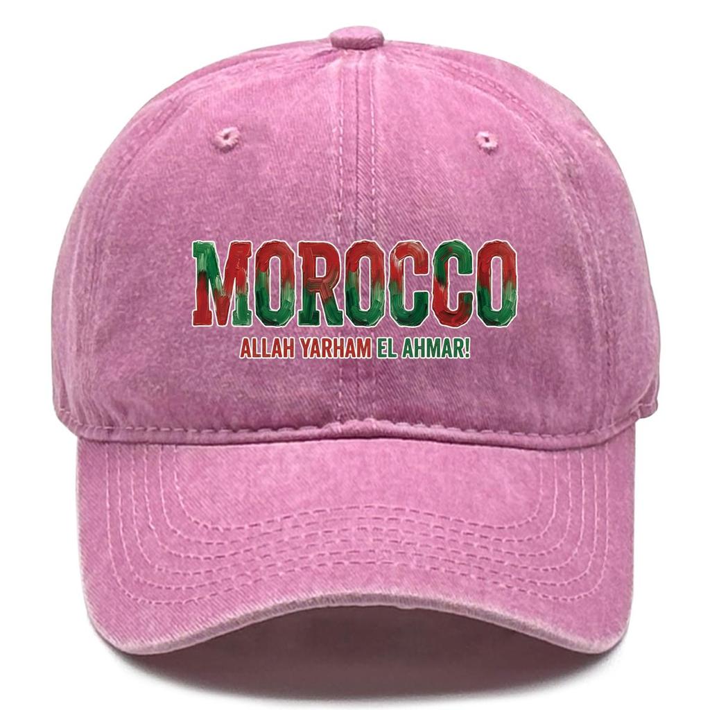 Baseball Cap With "MOROCCO" "ALLAH YARHAM EL AHMAR" Flag Printed , Adjustable Sun Hat Headwear Unisex Trendy Casual Dad Hat
