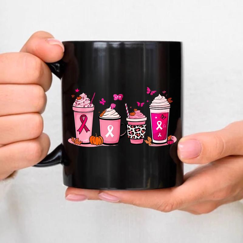 Black coffee mug with pink ribbon and fall drink design for breast cancer awareness and the fall season чёрный