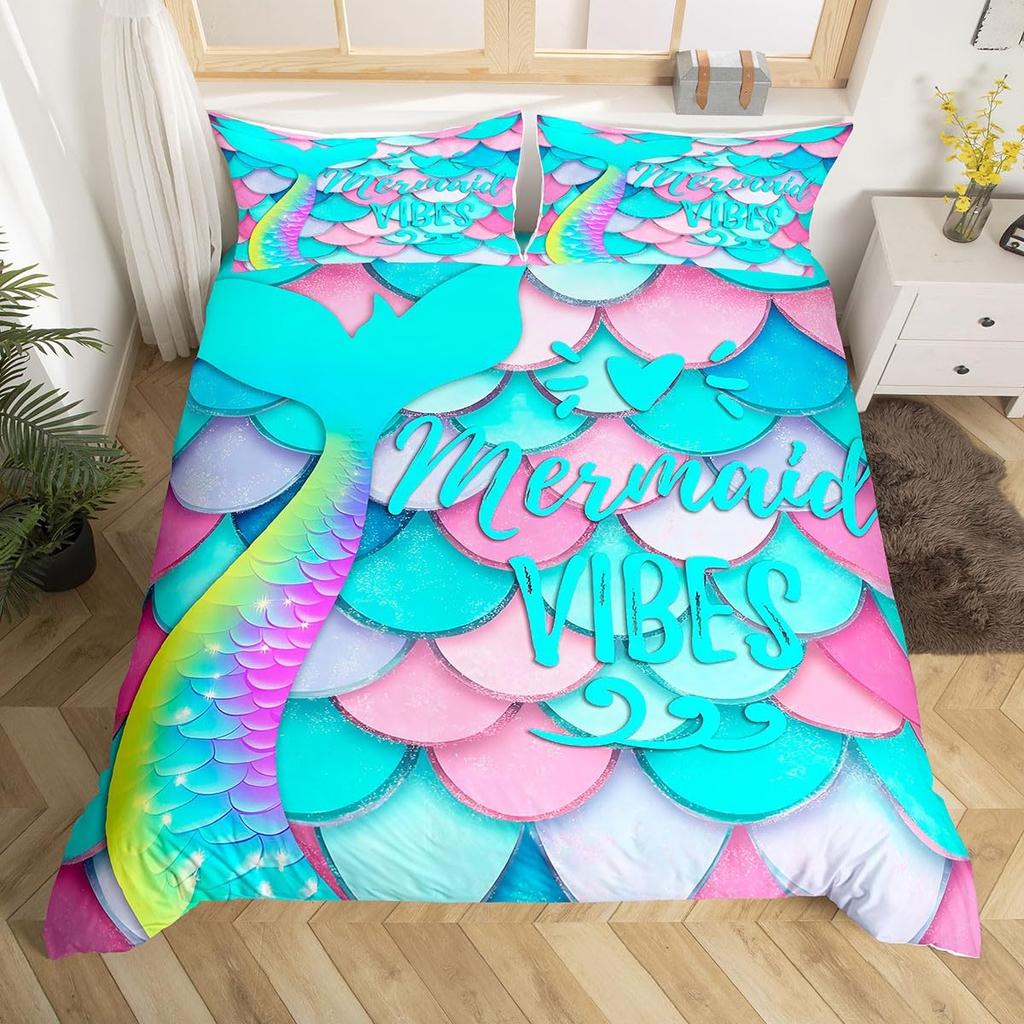 Erosebridal Mermaid Tail Comforter Cover,Kids Fish Scales Duvet Cover Twin,Girly Shell Starfish Bedding Set Ocean Life Sea Animal Bed Sets P