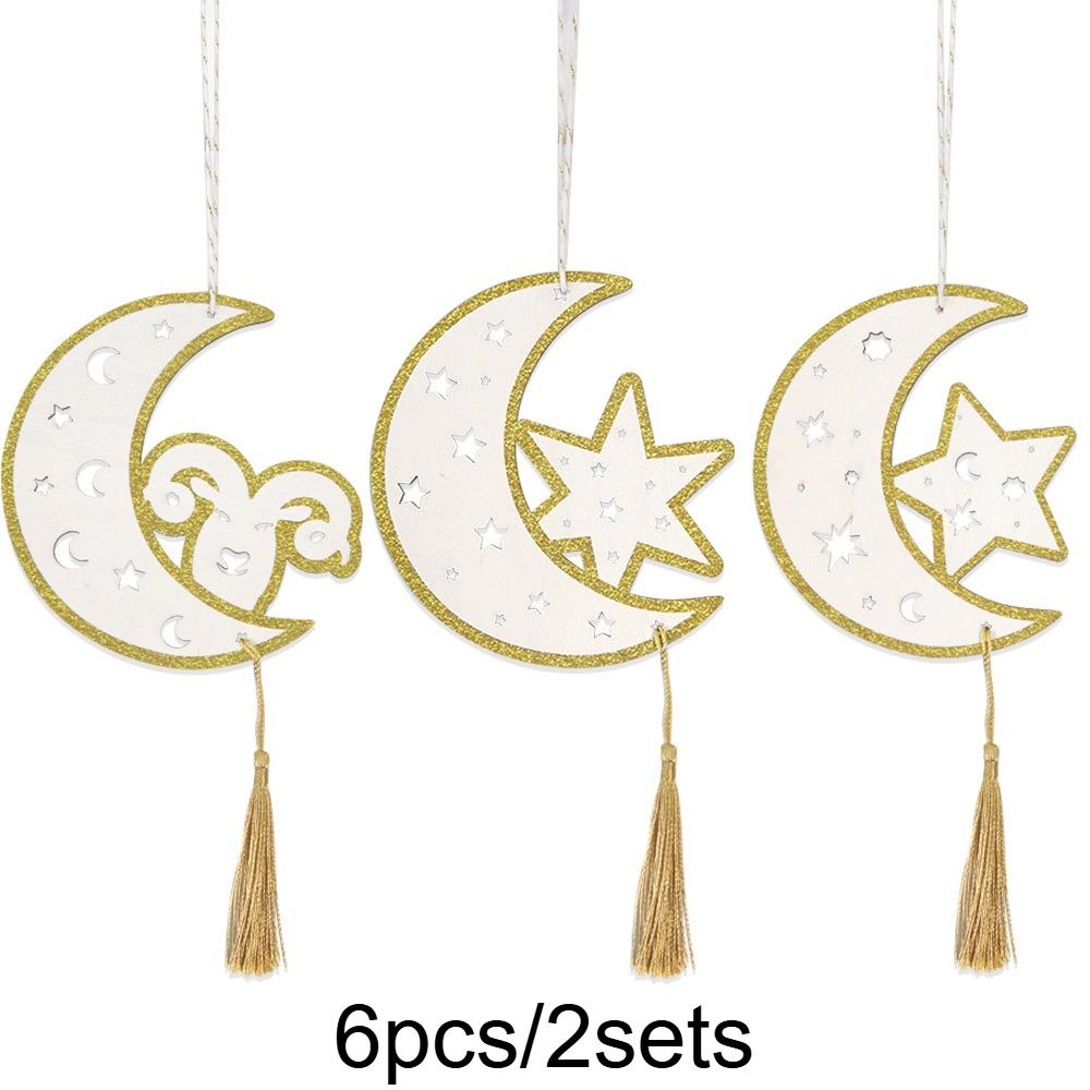 3/6pcs Wooden Handicrafts Hanging Ornaments for Ramadan,Star & Moon Tassel Hanging Ornaments,Hollow Plaque Hanging Ornaments