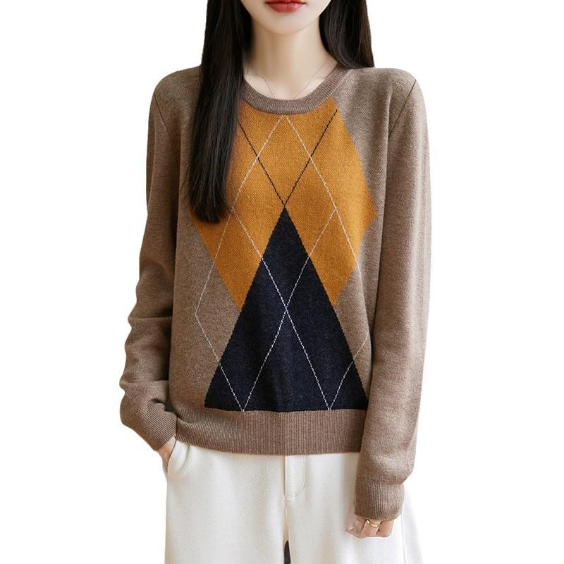 Rhombus Crew Neck Sweater Wool Sweater Knitted Sweater Bottoming Shirt Women'S Autumn And Winter New Inner Top Wool Sweater