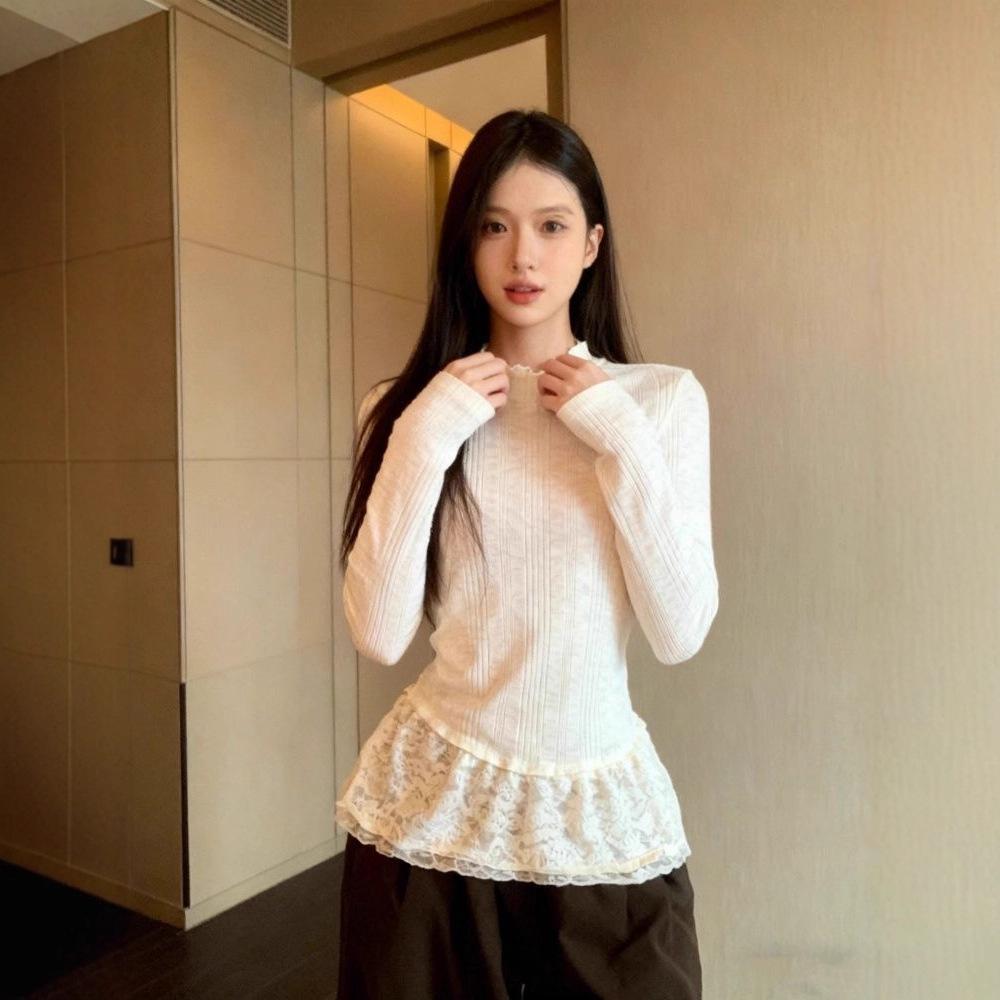High-End Korean Style Lace Trim Ruffle Hem Top