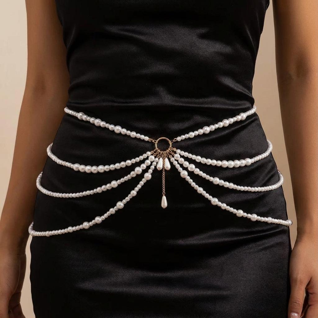 Women s Fashionable Pearl Body Chain, Unique Tassel Pendant Multi-layer Waist Chain 1