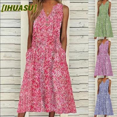 Robes décontractées d'été et de printemps sans manches à col en V à la mode