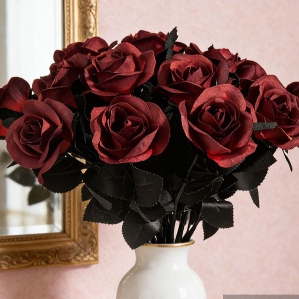 New Black and White Roses Artificial Black Roses Fake Flowers DIY Long Stem with Leaves Cemetery Roses Home Decor Black Bouquet