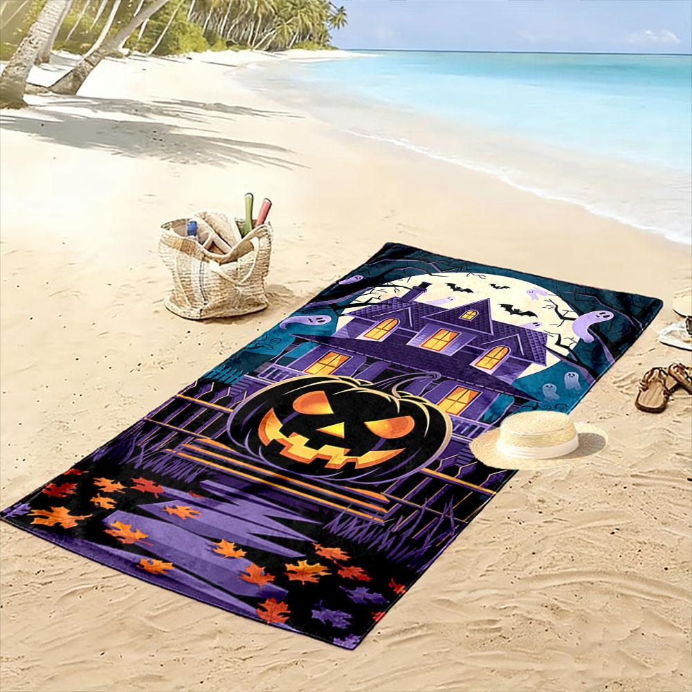 Glowing pumpkin mansion nights Print beach towel, quick drying, suitable for travel, outdoor sports, jogging, the beach and swimming, gift