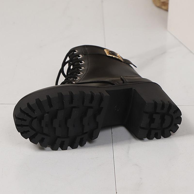 Fashion Women's Fashion Chunky Heel Ankle Boots with Belt Buckle Black PU Leather High Heeled Platform Booties Woman Autumn Winter Shoes