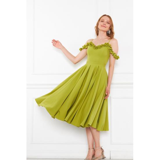 Women's Adjustable Strap Ruffle Detailed Collar Pleated Flared Midi Evening Dress