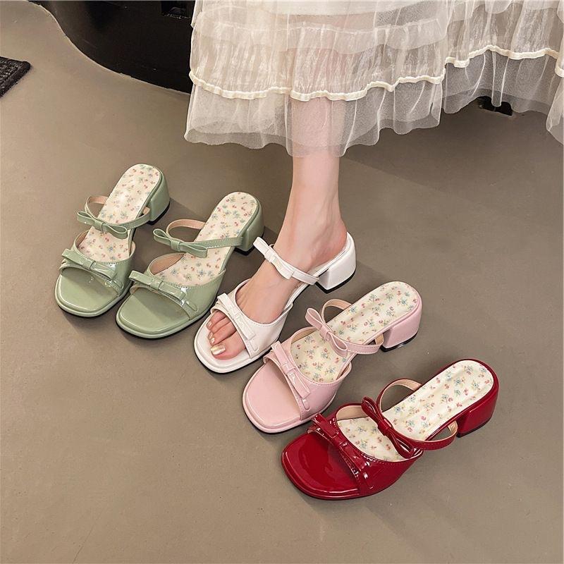College-Stil, Gut aussehendes Temperament, Sandalen für Damen Sommer High Heels mit Schleifen und kleinem Blumendekor Außenbekleidung