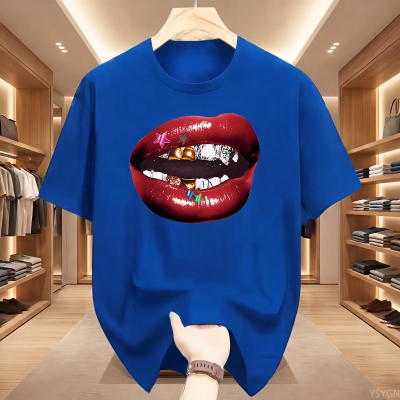 American Personalized Lip Pattern Pure Cotton Printed Unisexs And Unisexs Clothing Summer New Casual Loose Fashion Tshirt