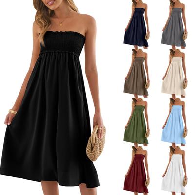 Womens Strapless Midi Dress Smocked Bodice Sleeveless Casual Sundress Flowy A Line Summer Beachwear for Ladies
