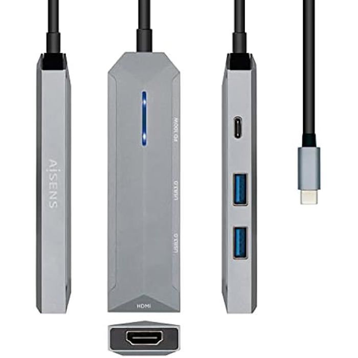 AISENS - USB-C DOCK 4 EN 1, USB-C A 1xHDMI, 2xUSB, 1xPD, GRIS, 15CM