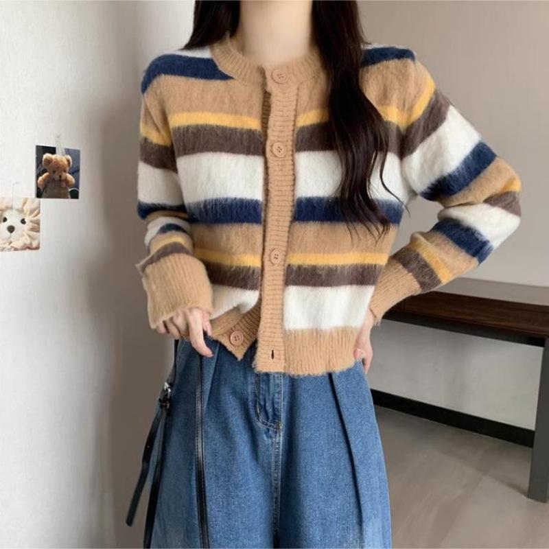 

Осень-зима Милая радужная полосатая вязаная кофта-свитер куртка женская Dopamine Girl мягкий липкий кардиган удобный универсальный модный One size