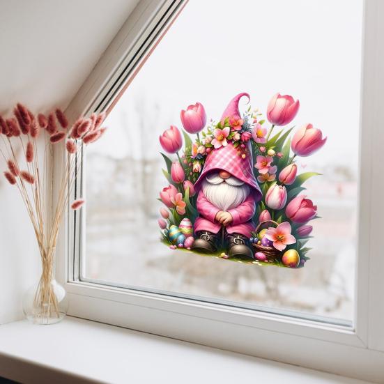 Tulip Gnome PVC Window Cling Waterproof Pink Floral Gnome Static Sticker Reusable Glass Door Decals for Classroom Home Office Party Decoration