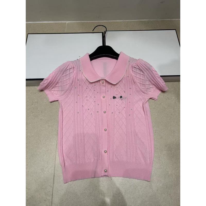 Miu Style Beaded Lapel Knit Top - Short Sleeve, Casual & Age-Reducing, 2026 Summer Collection
