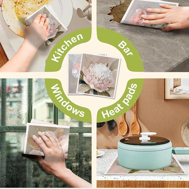 6PCS White Flowers Print Swedish Dishcloths Eco-Friendly Kitchen Dish Rags Absorbent Dish Towels Reusable Washable Cleaning Cloth