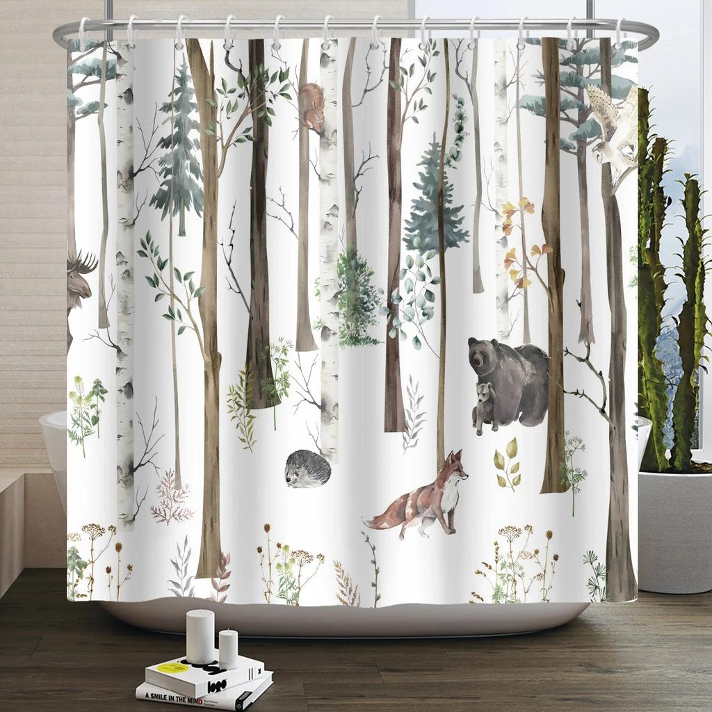 Forest Animals Shower Curtain jungle Trees Plant Wildlife Bird Bear Elk Fox Deer Modern Minimalist Kids Bathroom Shower Curtain