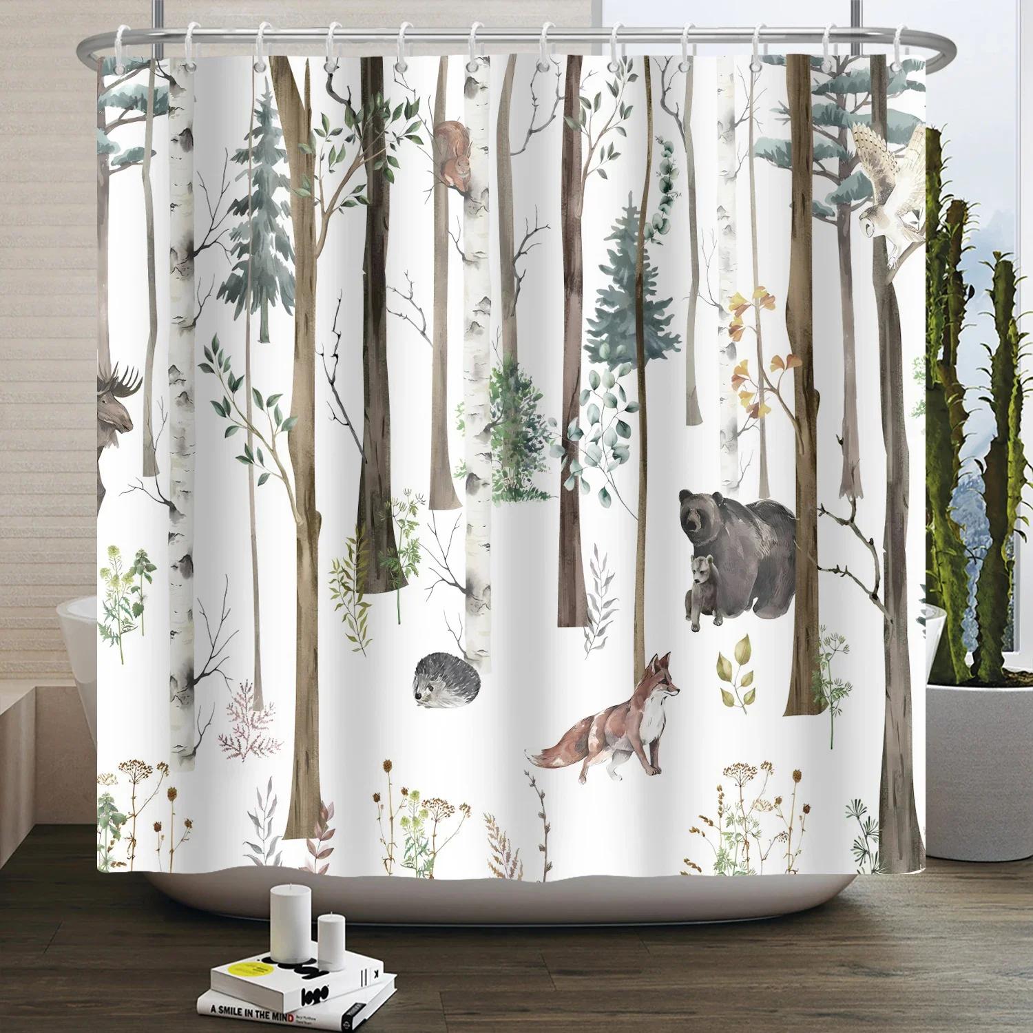 

Forest Animals Shower Curtain Jungle Trees Plant Wildlife Bird Bear Fox Deer Modern Minimalist Bathroom Shower Curtain W60H190(CM)-1 Pcs