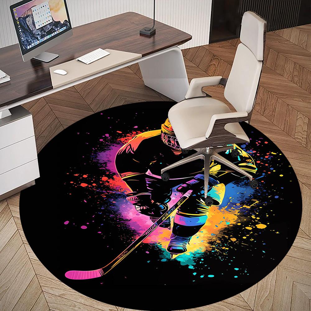 1pc Hockey Player Pattern Office Round Rugs, Under Chair Round Rugs for Living Room, Bedroom, Bathroom Decoration Carpet 091875