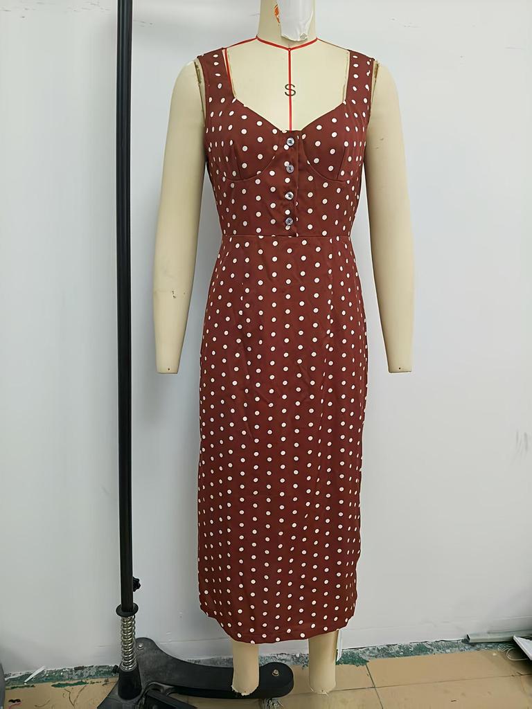 Retro Polka Dot Deep V-Neck Cinched Waist Midi Dress - European and American Vacation Style