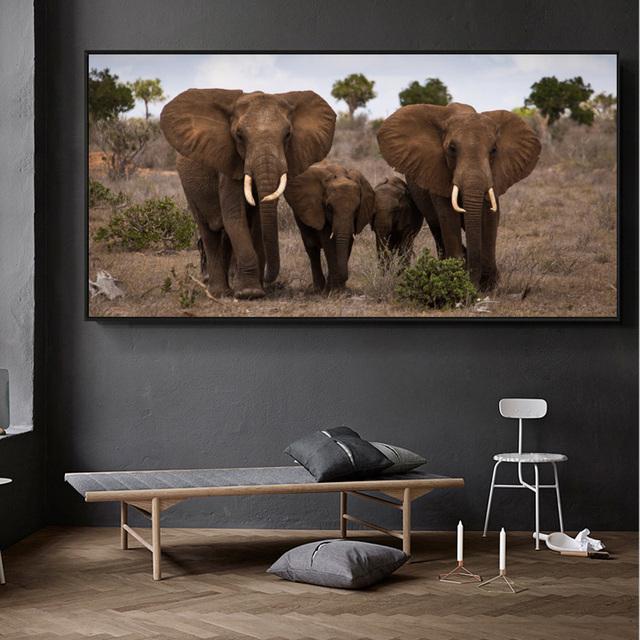 Black and White Posters and Prints with Animals, Canvas Painting, Family Painting with African Wild Elephant On the Wall, Home Decor, No Frame