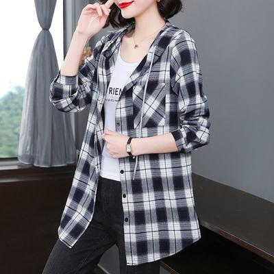 Dámska jarná a jesenná 2025 nová prešívaná s kapucňou na gombíky čipkovaná károvaná módna všestranná ležérna košeľa s dlhým rukávom