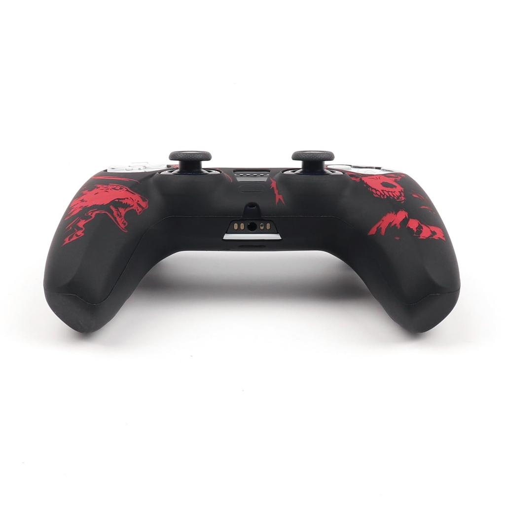 RALAN PS5 Controller DualSense Compatible with Silicone Joystick Caps, Non-Slip, Black, Perfect Fit, Ergonomic Design (Black and Red Wolf)