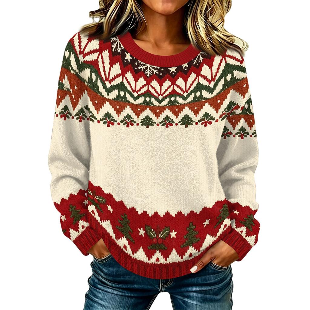 Women's Casual Long Sleeve Christmas Print Neck Knit Sweater