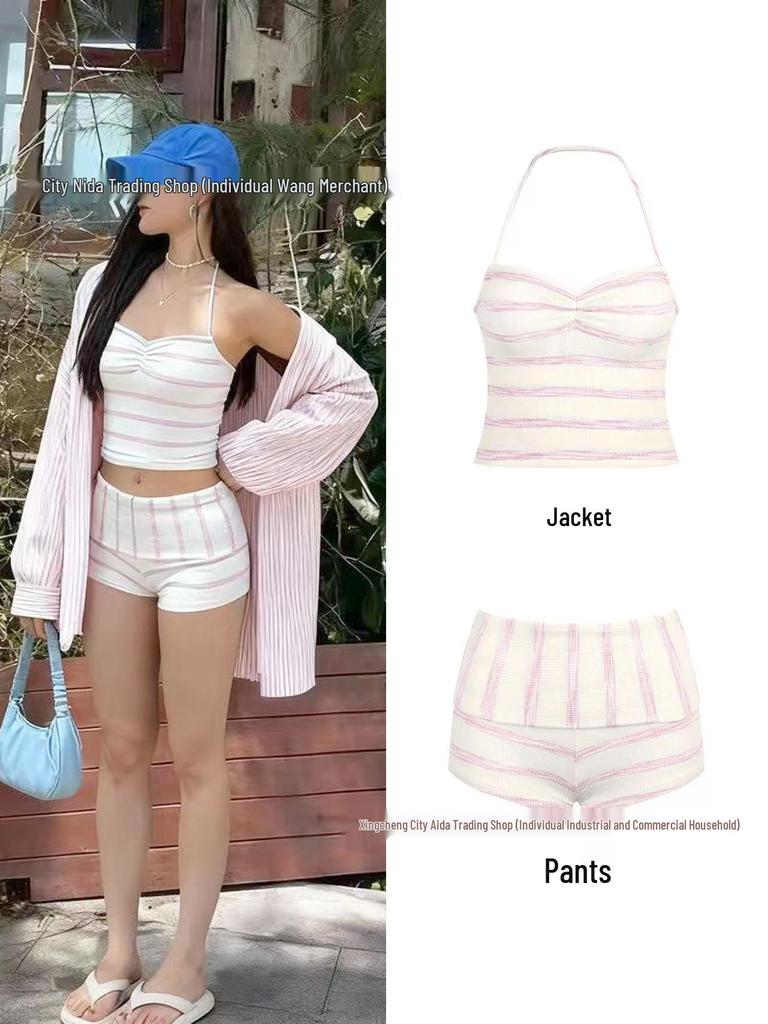 Koreansk Blårandig Halter Bikini - Hög Midja, Sexig Varmvattenkälla Badkläder