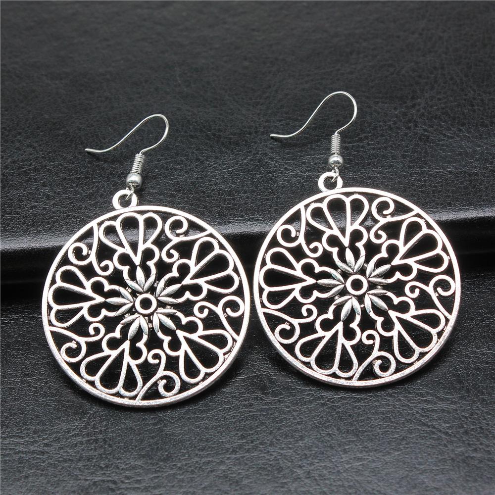 Bohemia Vintage Carve Mandala Flower Antique Silver Color Drop Dangle Earring For Women Girl Antique Hollow Jewelry