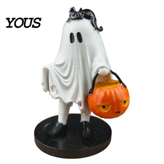 Whimsical Ghost Statue Vintage Halloween Figurine, Cute Spooky Resin with Pumpkin Childlike Decor Bucket And Black Cat for Indoor Kitchen Home