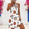 Women Plus Size Sleeveless Criss Cross Cutout Halter Neck Printed White Fitted Curved Hem Dress