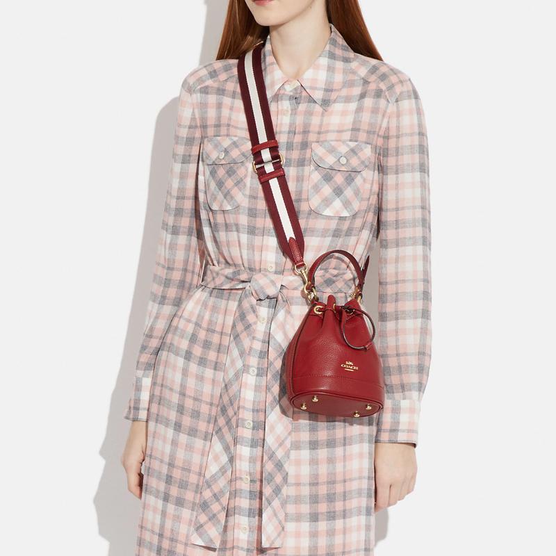 Coach Dempsey 15 Solid Color Drawstring Closure Pebbled Leather Bucket Bag Shoulder Crossbody Bag Mini Women's Red