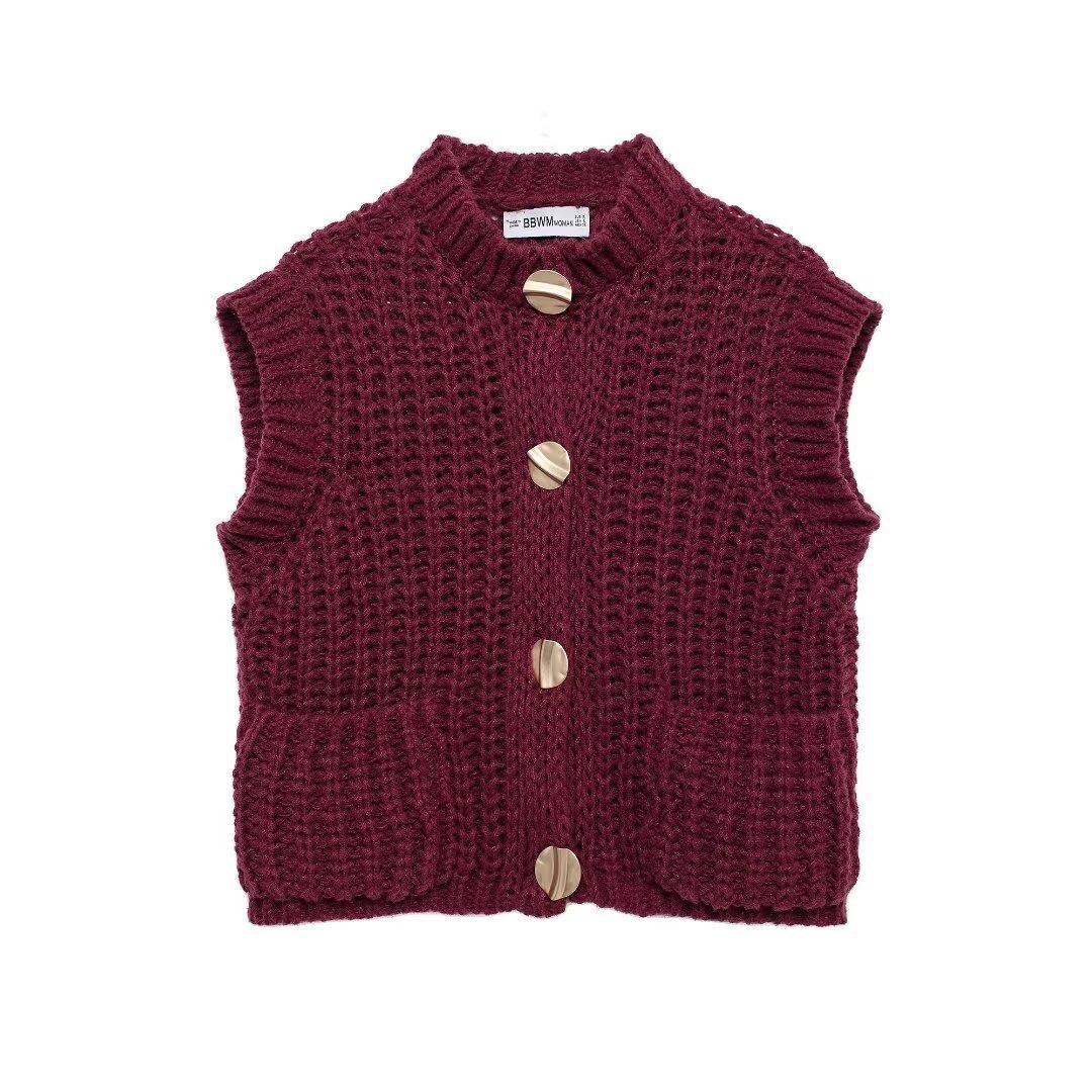 

European and American cross-border women s clothing wholesale women s solid color sleeveless single-breasted thick needle knitted vest L