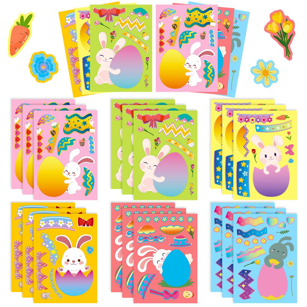 6 Sheets Easter Stickers Make Your Own Easter Eggs Bunny Make A Face Sticker Kids Party Favor Gifts Children DO IT YOURSELF Puzzle Playthings