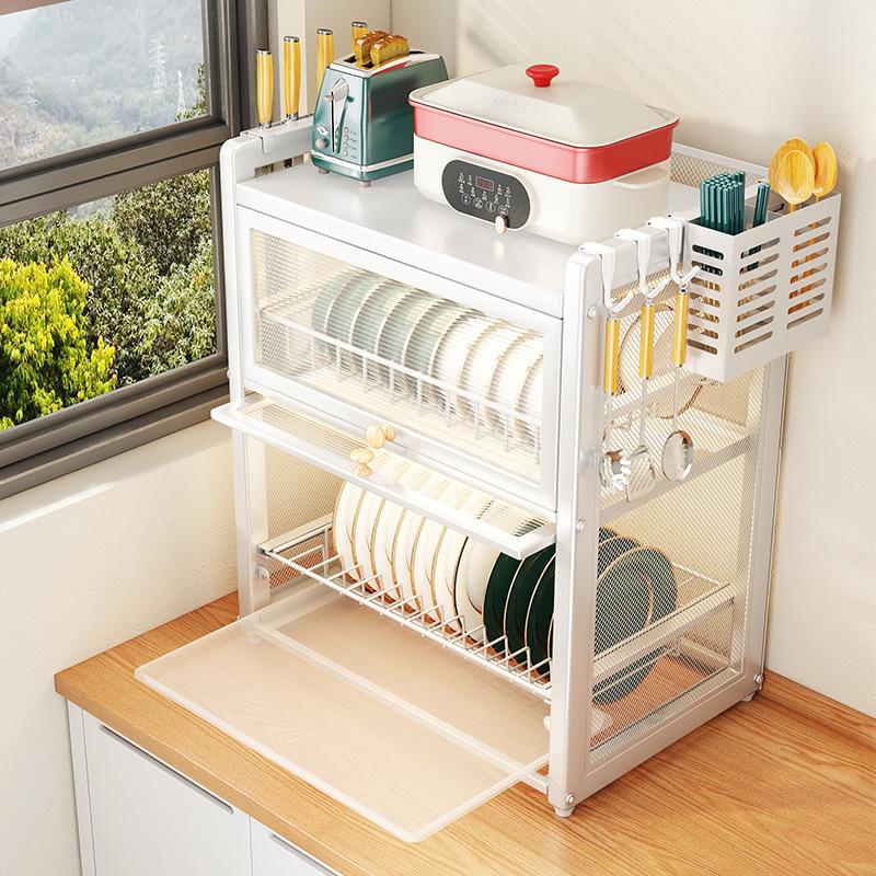 Double-layer Dustproof Kitchen Dish Bowl Drying Rack Counter Dishwasher Organizer Rack With Chopstick Cage Tableware Basket