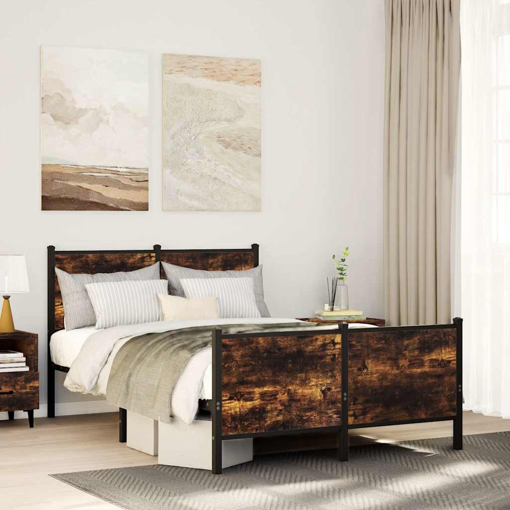 Metal Bed Frame Without Mattress Smoked Oak Finish 120 X 190 Cm