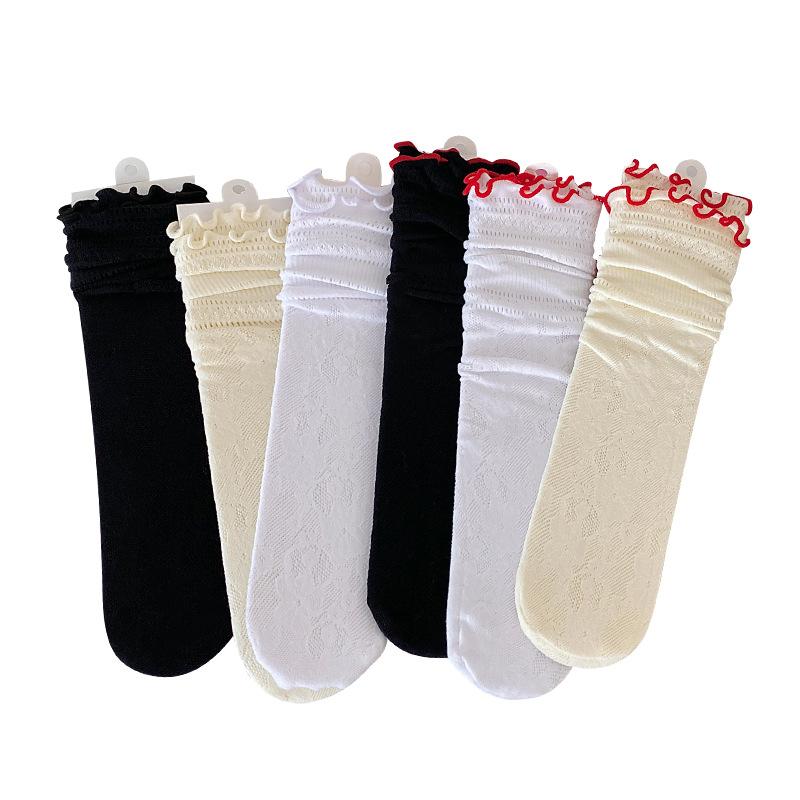 Black Fungus Lace Pile Socks for Women, Summer Hollowed-out Mid-calf Socks, Sweet Lace Lolita Red Lace Thigh-high Socks