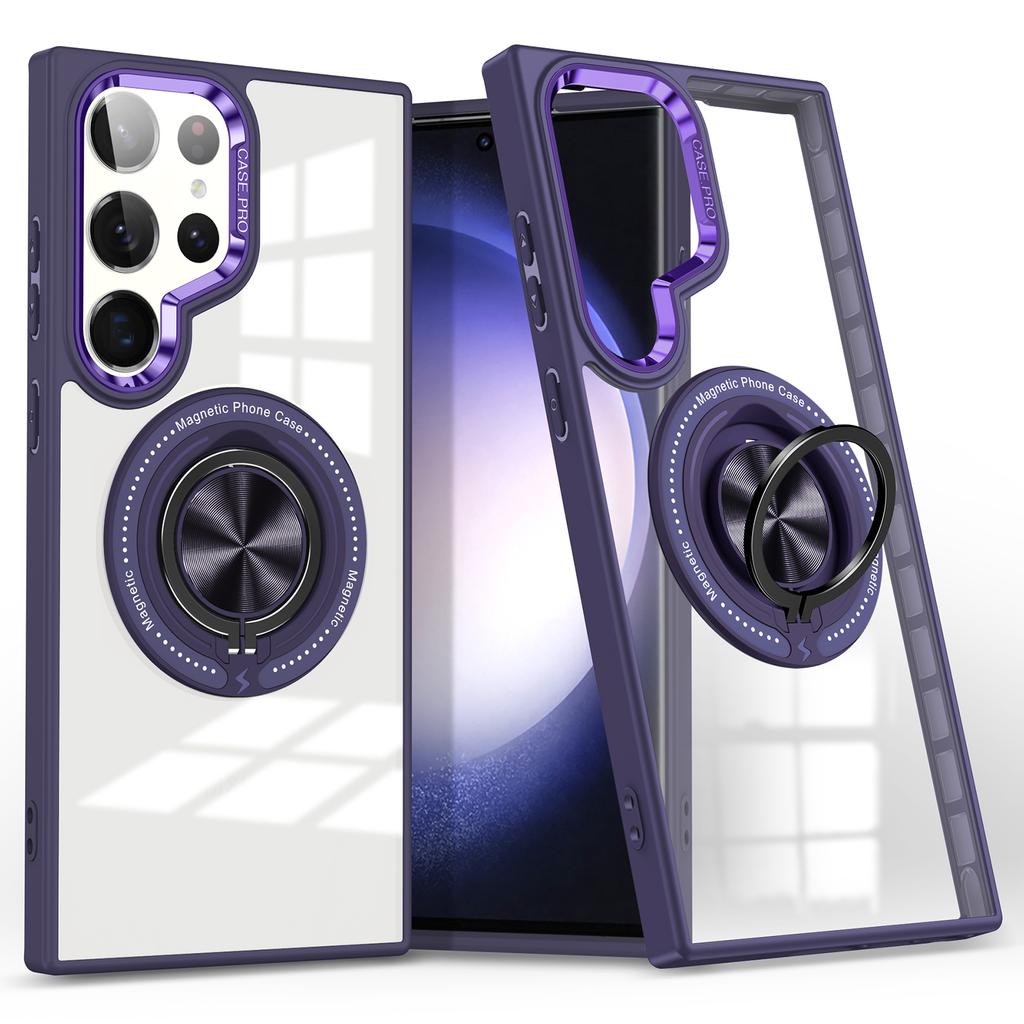For Samsung Galaxy S23 Ultra Magnetic Case PC+TPU Clear Phone Cover with Ring Kickstand