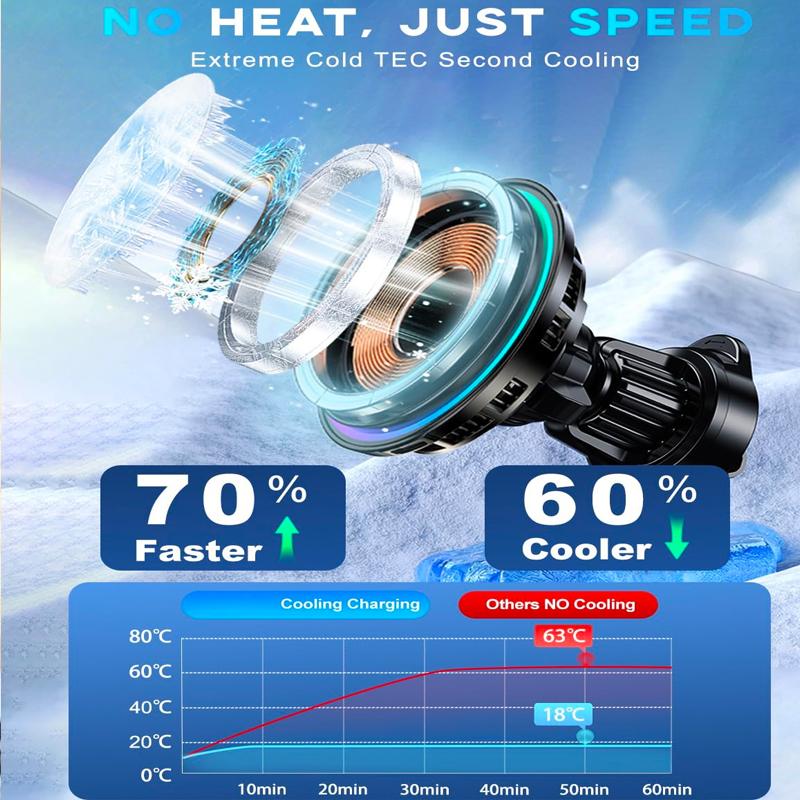 Auto Clamp Vent Mount Holder Smart Cooling Chip Magnet Wireless Car Charger with TEC Cooling for Smartphone Mobile Accessories