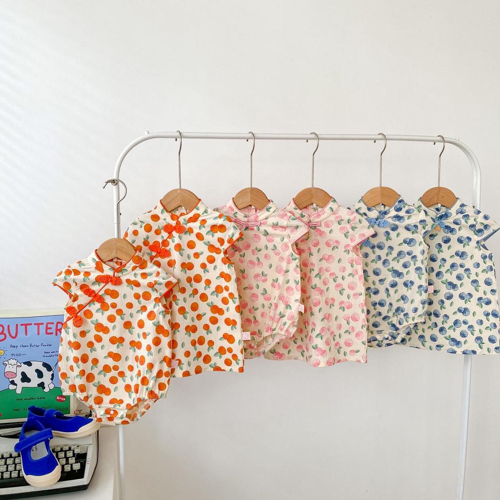 Sommer Mädchen Schwesternoutfits: Baby Strampler & Fruchtsalat Cheongsam Set