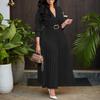 Women Elegant High Waist Turn Down Collar Long Sleeve Solid Pleated A Line Midi Dress