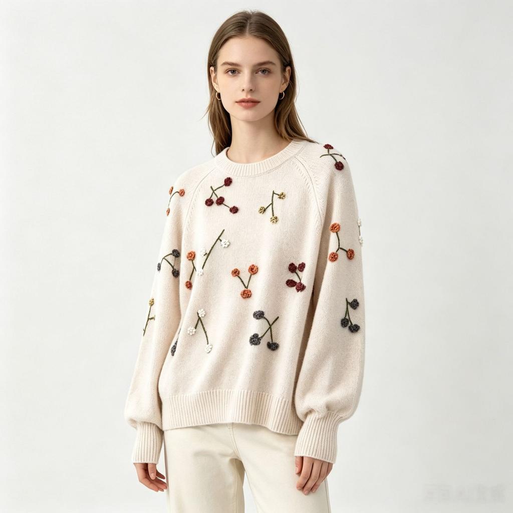 European and American Heavy Industry 3D Embroidered Knitwear for Women, New Autumn/Winter Beaded Floral Crew Neck Loose Casual Sweater