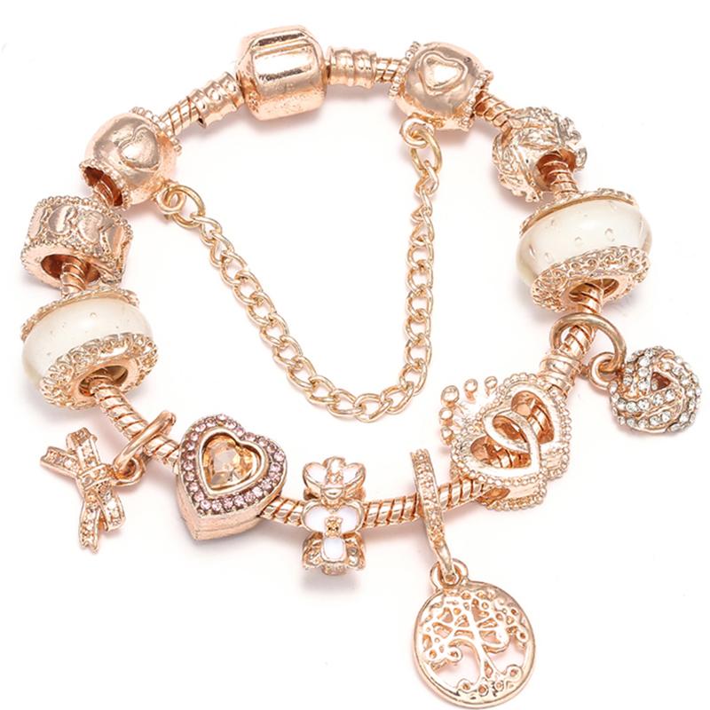 

Rose Gold Crystal Charm Bracelets & Bangles with Love Tree & Flower Beads Bracelets for Women Pulseras Mujer 21cm